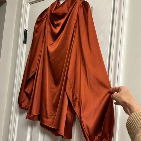 Entro rust color cascade/cowl neck satin blouse size medium - Picture 2 of 7